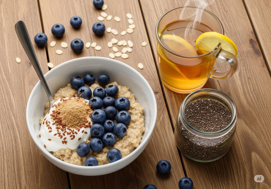 Nutritious breakfast with oats, berries, yogurt, and ginger tea for morning gut health habits