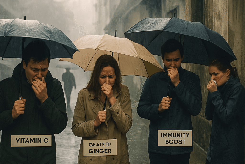 People coughing and walking with umbrellas on a rainy, humid street with puddles