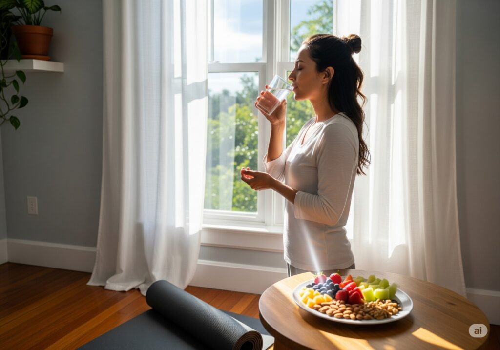 Person sipping warm water by a sunny window as part of morning gut health habits