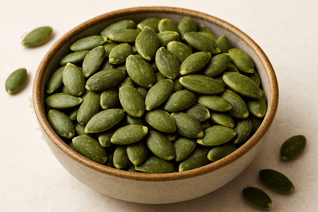 Pumpkin seeds in a bowl, best foods for brain health
