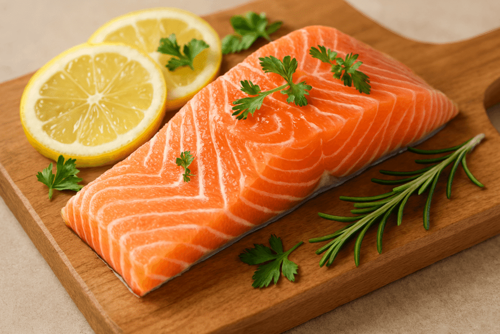 Salmon fillet with lemon slices, best foods for brain health