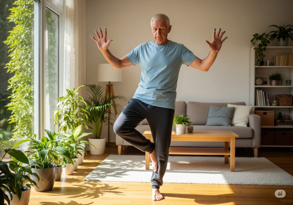 Senior man practicing dual task exercise for memory at home