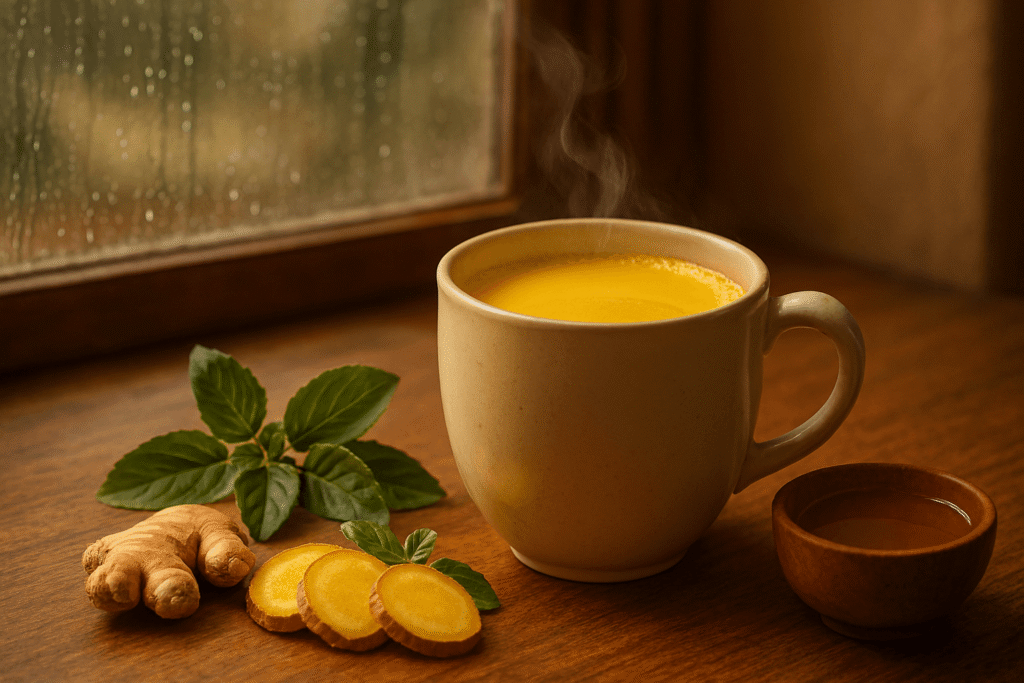 turmeric milk with ginger, tulsi, and honey on a wooden table with rain on the window
