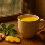 turmeric milk with ginger, tulsi, and honey on a wooden table with rain on the window