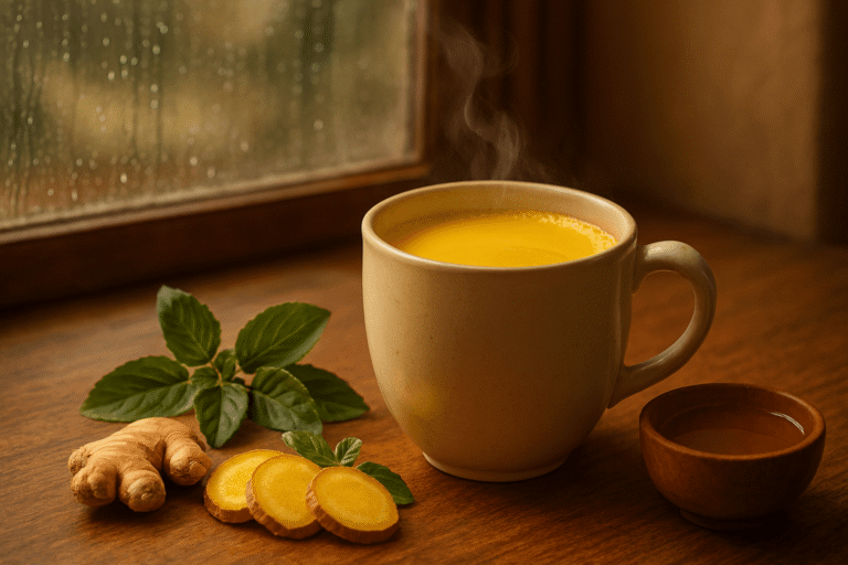 turmeric milk with ginger, tulsi, and honey on a wooden table with rain on the window