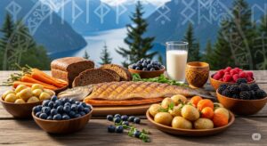 Viking diet foods on a wooden table