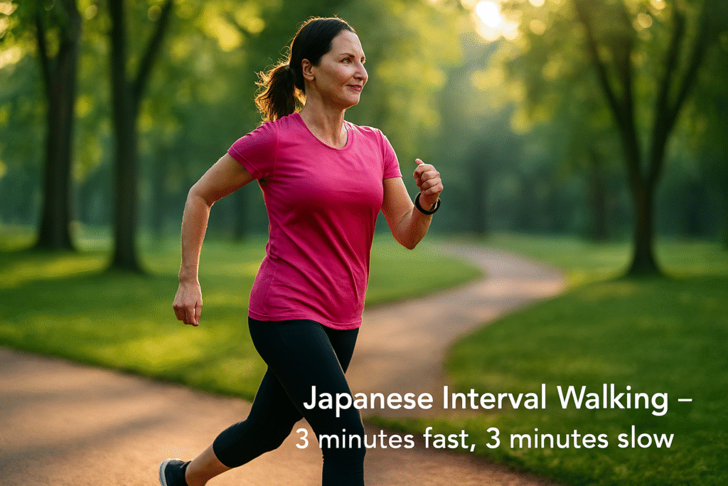 woman briskly walking in a park, showing japanese interval walking