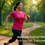 woman briskly walking in a park, showing japanese interval walking