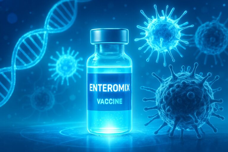 Concept illustration of Enteromix cancer vaccine with DNA helix and immune cells