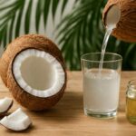 health benefits of coconut with water, flesh, and oil on a tropical table setting