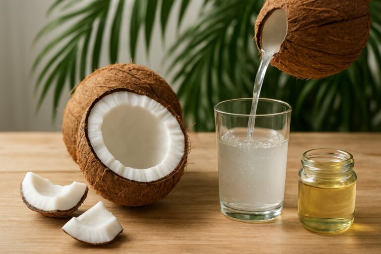 health benefits of coconut with water, flesh, and oil on a tropical table setting