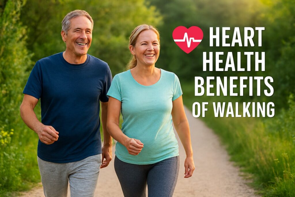 Walking vs Running for heart health with people briskly walking outdoors