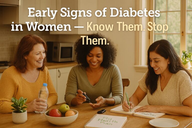 Early signs of diabetes in women — three women discussing health at home with glucometer and journal