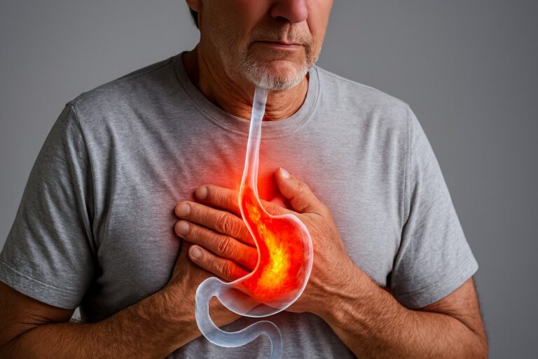 Illustration of esophageal cancer symptoms with chest pain and burning