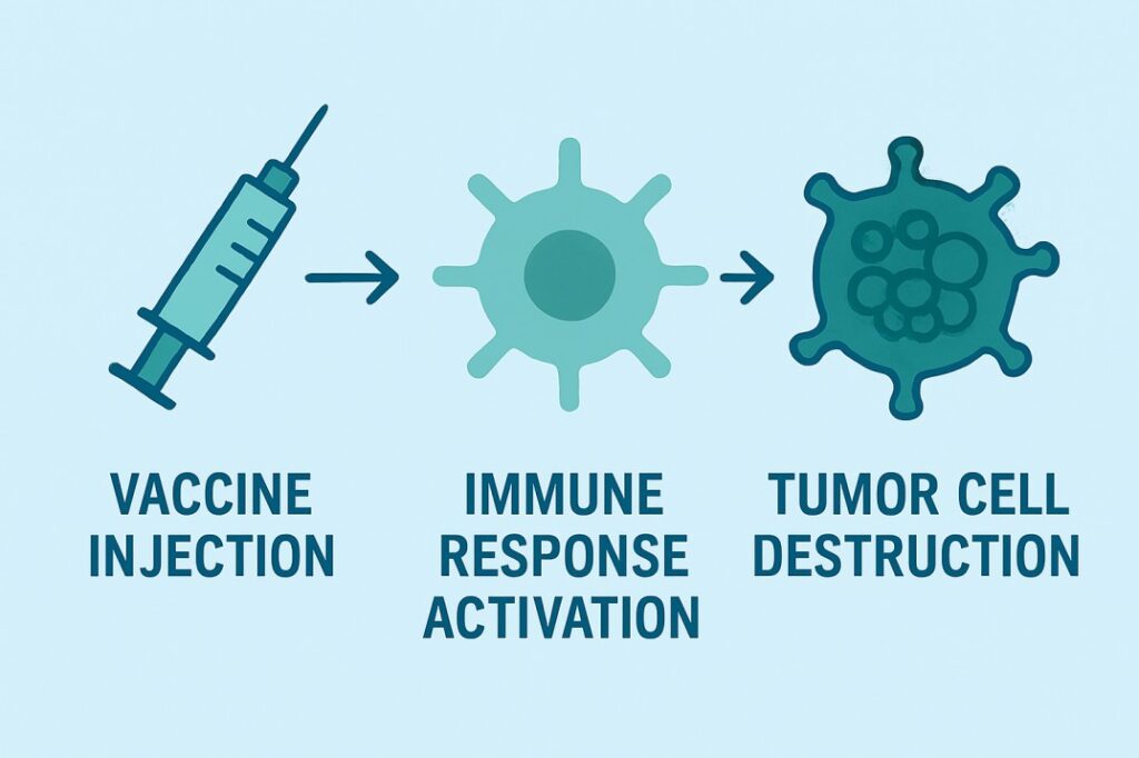 Simplified diagram of Enteromix cancer vaccine mechanism from injection to tumour destruction