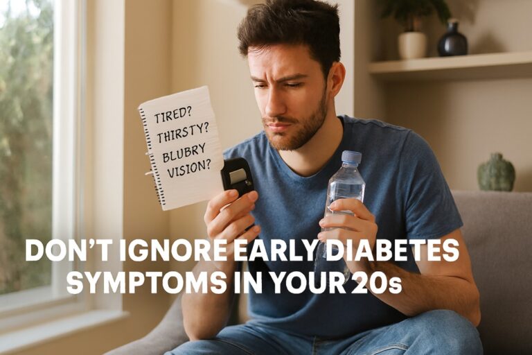 Young adult checking early diabetes symptoms in your 20s — don’t ignore fatigue, thirst, or blurry vision