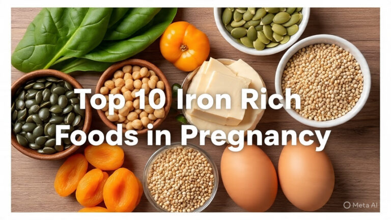Top 10 iron rich foods in pregnancy arranged on a kitchen counter