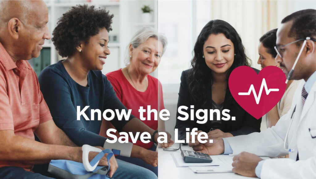 People learning about silent heart attack symptoms during health check-up