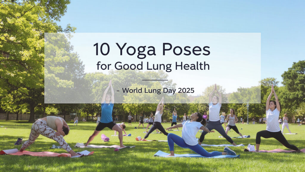 Group practicing yoga poses for good lung health outdoors on World Lung Day 2025