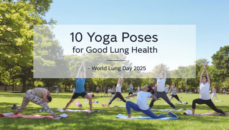 Group practicing yoga poses for good lung health outdoors on World Lung Day 2025