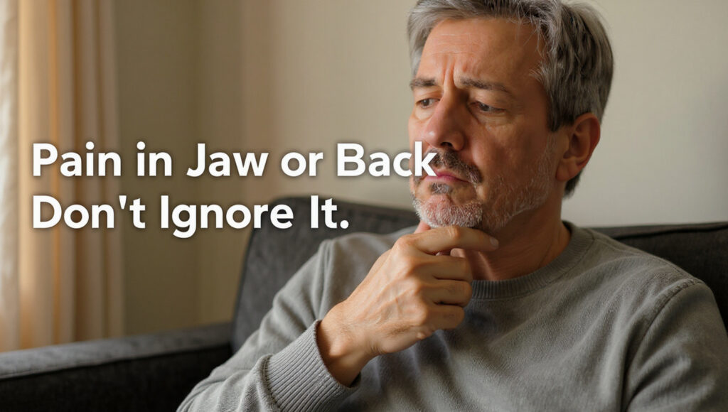 Man experiencing silent heart attack symptoms with jaw and back discomfort