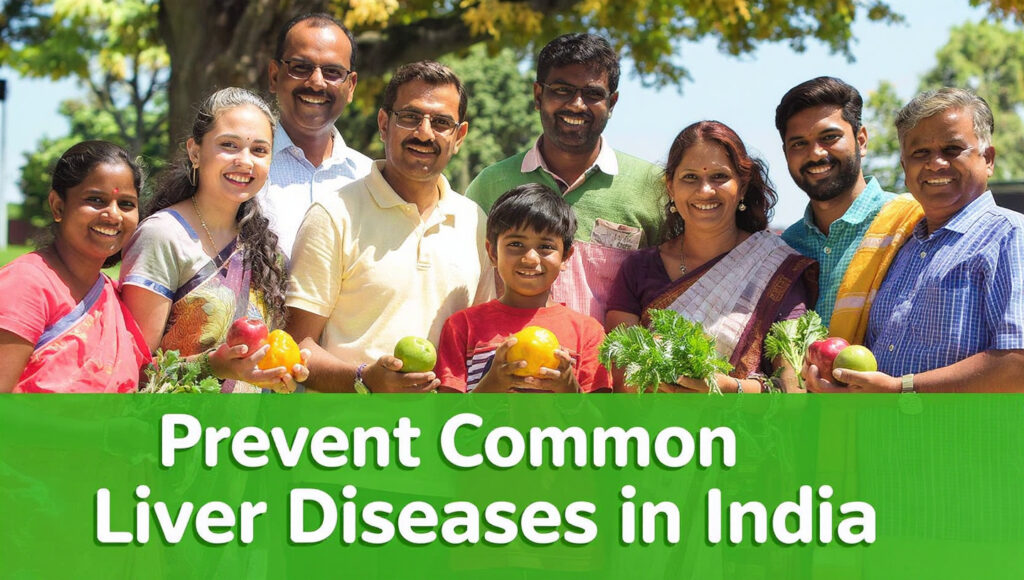 Group of Indians with fresh produce promoting prevention of common liver diseases in India