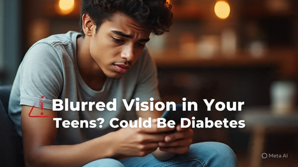 blurred vision diabetes young adults – young person squinting at phone with warning text overlay