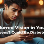 blurred vision diabetes young adults – young person squinting at phone with warning text overlay