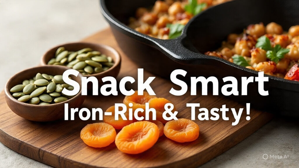 Healthy iron-rich foods in pregnancy snacks on a wooden board