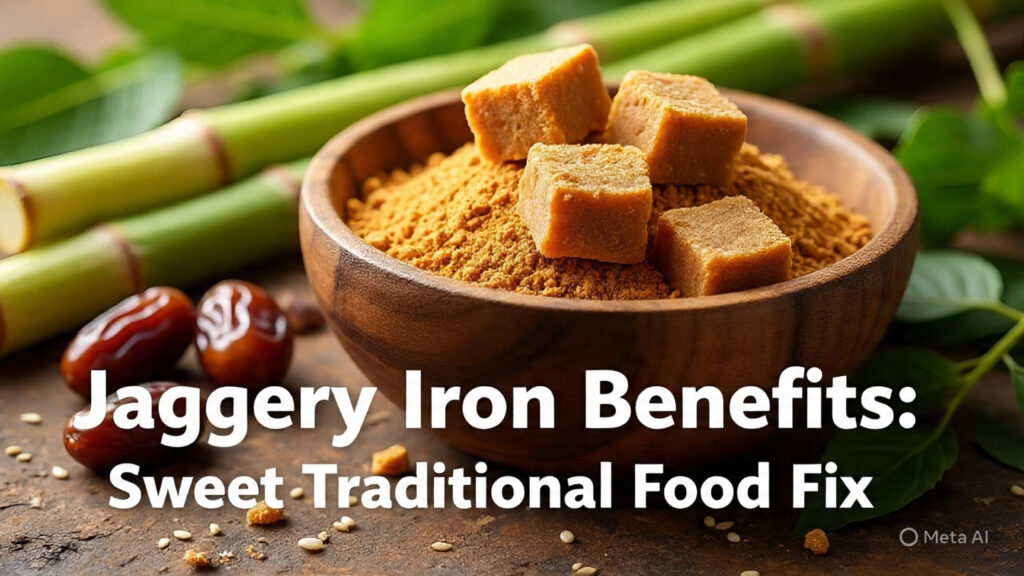 jaggery iron benefits traditional food in a wooden bowl with sugarcane and sesame seeds