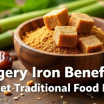 jaggery iron benefits traditional food in a wooden bowl with sugarcane and sesame seeds