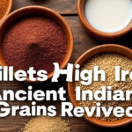 millets high iron indian grains in bowls with traditional Indian backdrop