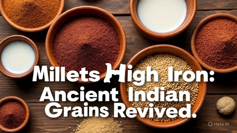 millets high iron indian grains in bowls with traditional Indian backdrop