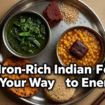 best iron-rich indian foods thali with palak, dal, jaggery, ragi roti for energy