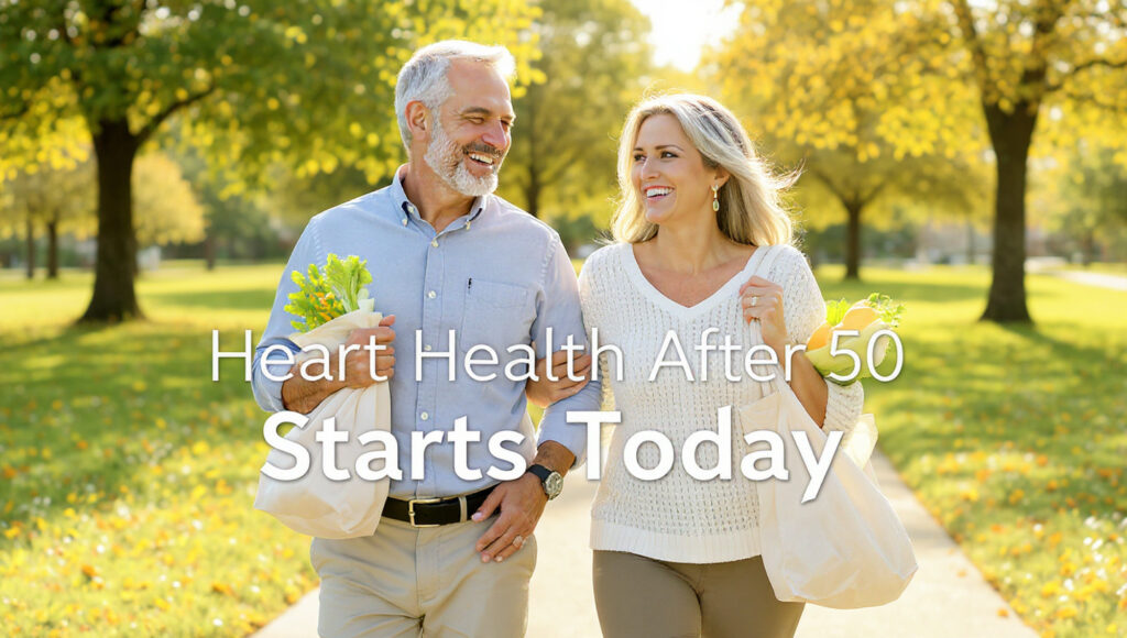 Happy couple in their 50s walking in park promoting heart health after 50