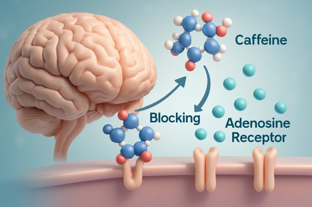 coffee and sleep – diagram of caffeine blocking adenosine in the brain