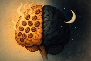 coffee and sleep – surreal brain illustration showing caffeine effect on sleeping brain