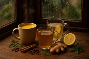 immunity-boosting drinks for monsoon with turmeric milk and ginger tea