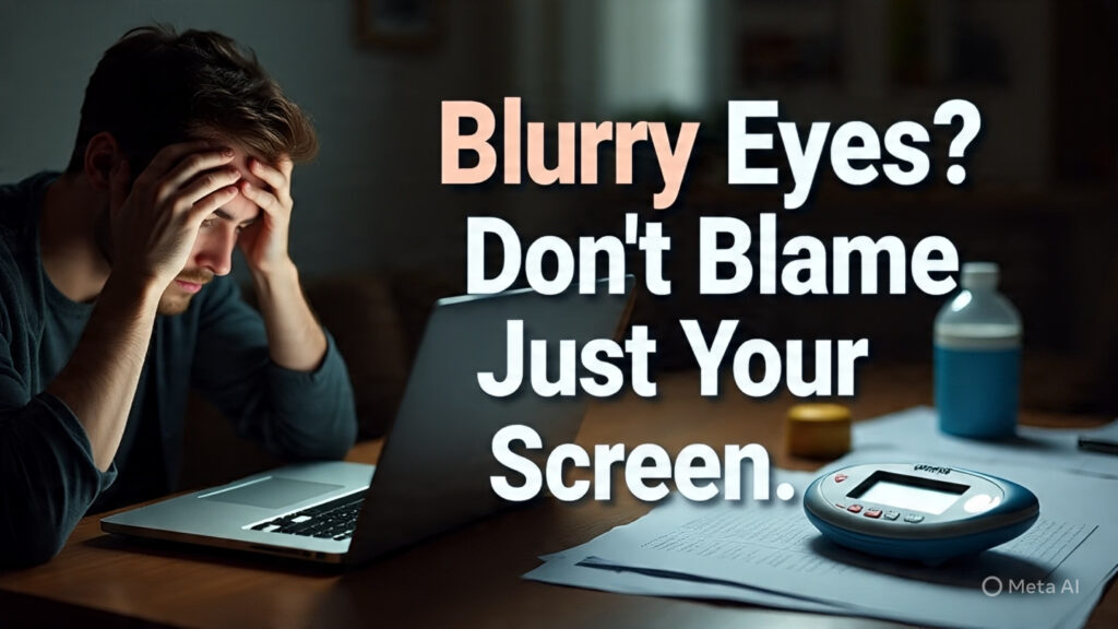 blurred vision diabetes young adults – split screen of screen fatigue vs high blood sugar