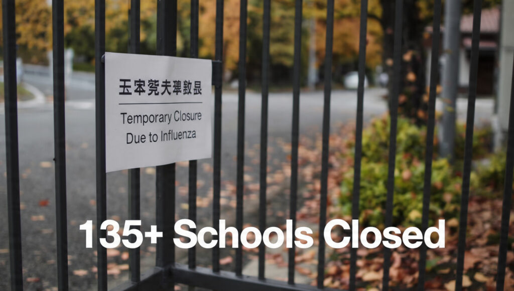 Closed school gate with flu closure notice during the Japan flu epidemic