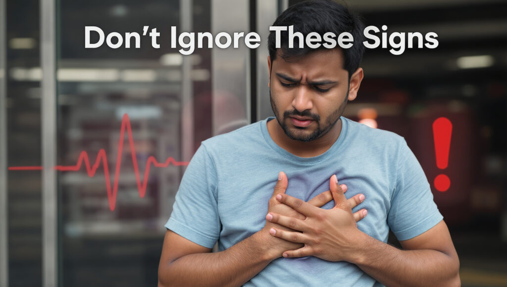 Young man experiencing symptoms of urgent heart risk for young adults in India