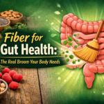 A vibrant collection of whole foods like grains, fruits, and vegetables surrounding a small straw broom, illustrating the role of fiber for gut health