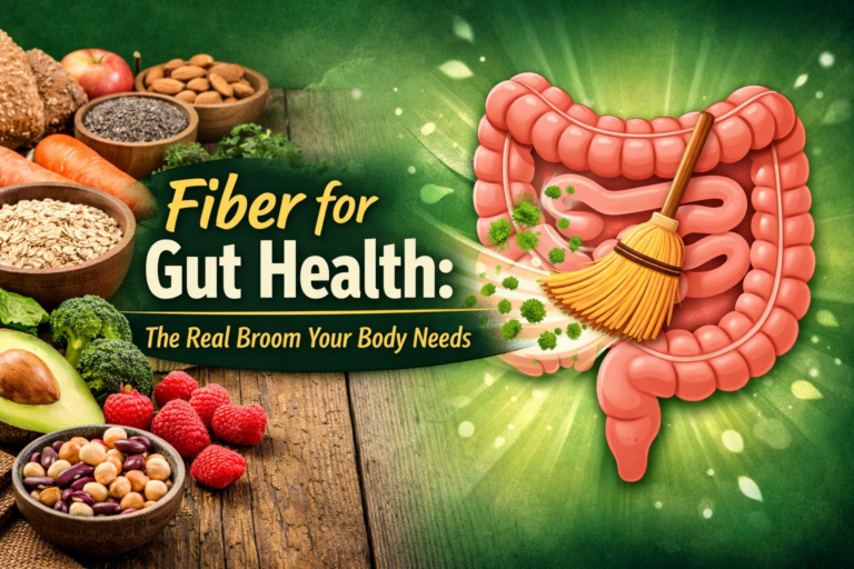 A vibrant collection of whole foods like grains, fruits, and vegetables surrounding a small straw broom, illustrating the role of fiber for gut health