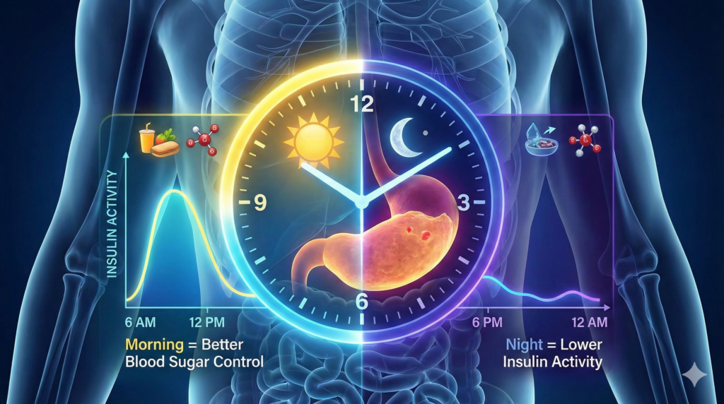 Body diagram showing how meal timing affects blood sugar and insulin response