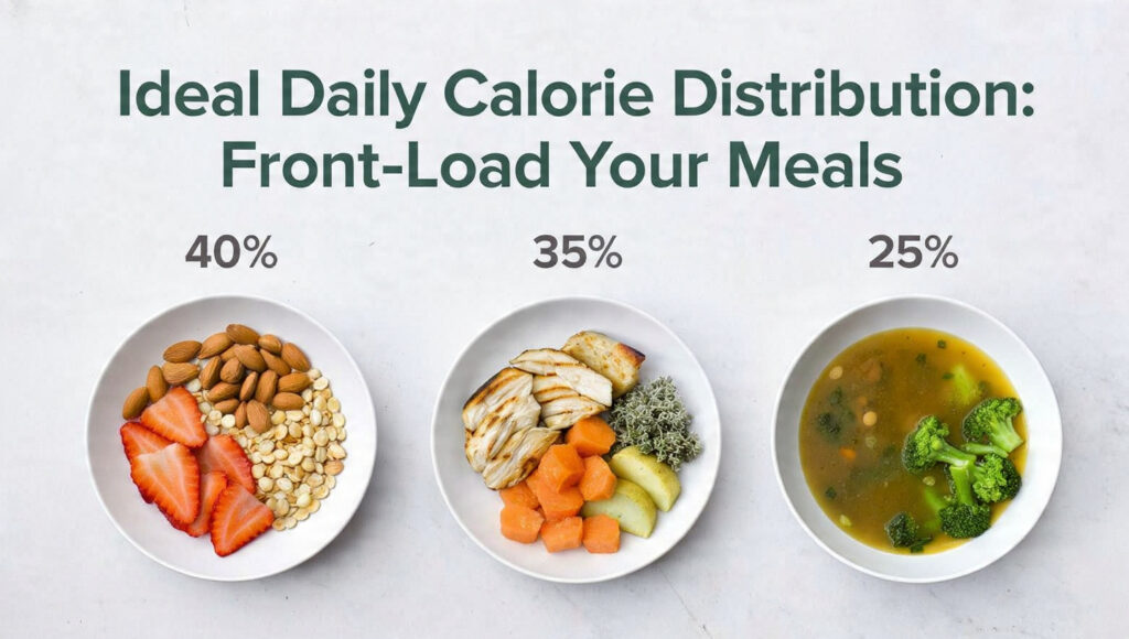 Front-loading calories visualized with meal portions for breakfast, lunch, and dinner