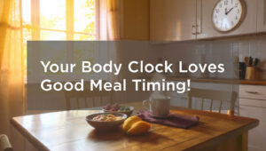 Healthy breakfast at sunrise with clock showing 7 a.m.