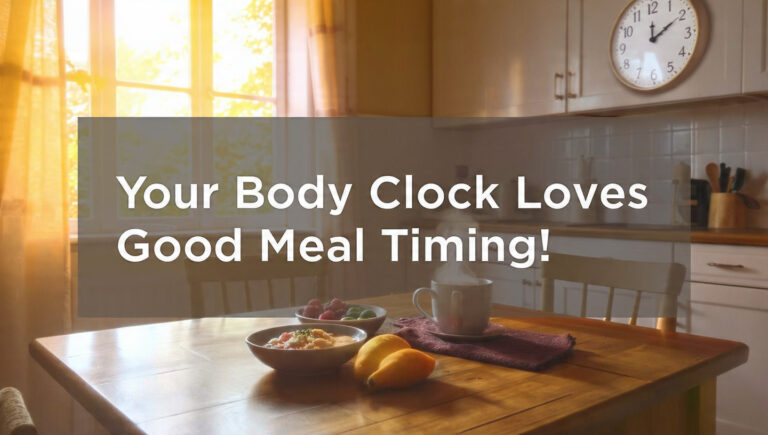 Healthy breakfast at sunrise with clock showing 7 a.m.