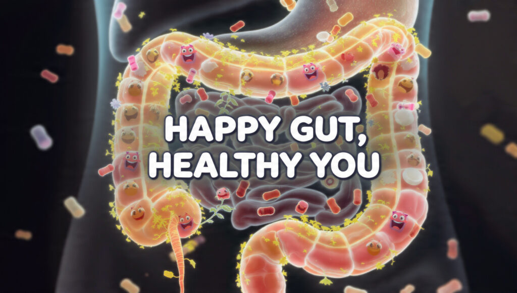 Conceptual visualization of beneficial bacteria thriving on fiber for gut health