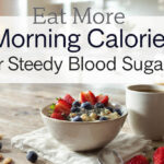 Healthy breakfast bowl with text promoting morning calories for blood sugar control.