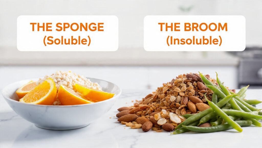 A visual guide showing soluble and insoluble sources of fiber for gut health